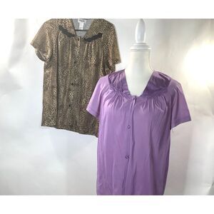 Lot of 2 Vanity Fair Leopard / Purple Pajama Top Nylon M‎ short sleeve Vintage
